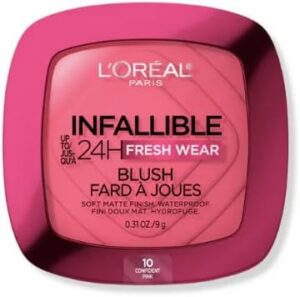 لوريال باريس احمر خدود ناعم غير لامع يدوم حتى 24 ساعة من لوريال انفاليبل، قابل للمزج ويدوم طويلا ومقاوم للماء، لون كونفيدينت بينك 10، 0.31 اونصة