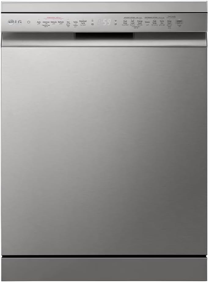 غسالة صحون بـ 14 مكانًا، فضي بلاتينيوم من ال جي، غسيل رباعي، تنضيد أرفف سهل بالإضافة إلى ضوضاء أقل، غسيل مزدوج المنطقة، دورة تربو، محرك عاكس مباشر، سمارت، ثين كيو