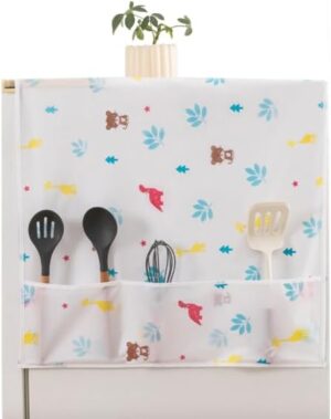 هاسثيب غطاء ثلاجة علوي من قطعة واحدة - غطاء ثلاجة مقاوم للماء لباب واحد مع 6 جيوب عملية، طباعة كرتونية وحماية من الغبار للثلاجة/الفريزر بباب واحد (130 × 54 سم)