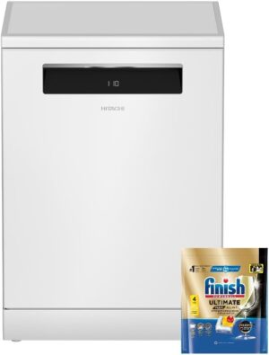 غسالة صحون HDF-F168CVGB من 16 مكان بعاكس كهربائي و8 برامج غسيل وشاشة LED تعمل باللمس وتقنية البخار اللامع وباب تلقائي الفتح وتجفيف بمساعدة المروحة وغسيل دائري كامل وغسيل مكثف من هيتاشي، أبيض