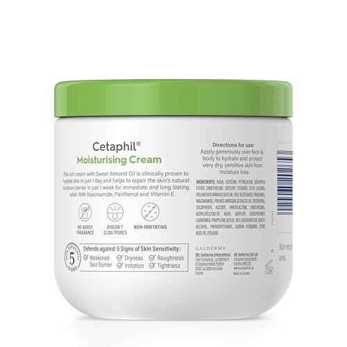 Cetaphil Face & Body Moisturising Cream for Men & Women, Dry to Very Dry Sensitive Skin, Non-Comedogenic, With Niacinamide & Vitamin B5, Unscented, 453g