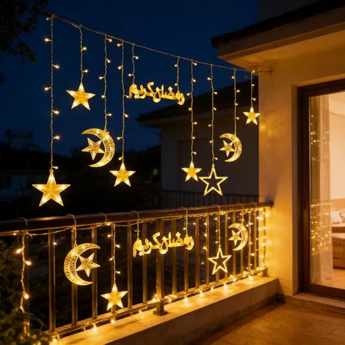 مصابيح رمضان من بوميفار، اضواء زينة رمضان على شكل قمر ونجمة لتزيين النوافذ بـ8 اوضاع اضاءة داخلية وخارجية بلون ابيض دافئ