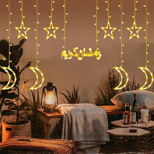 زينة رمضان من بوميفار، سلسلة اضواء جنية على شكل نجمة وقمر، اضواء رمضان كارين خارجية، 8 اوضاع اضاءة لتزيين العيد والمنزل