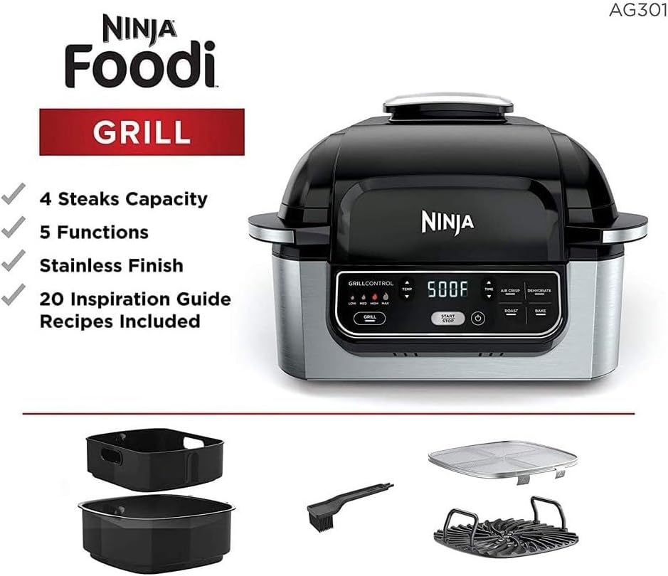 نينجا فودي 5 في 1، شواية كهربائية داخلية على سطح الطاولة مع مقلاة هواء بسعة 4 لتر، للشوي، الخبز، التحميص، التجفيف، وتقنية الشواء الإعصارية، 1760 واط، فضي، AG301ME 11 516rX9BIbfL. AC SL1000
