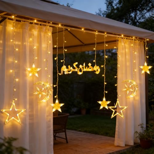 مصابيح رمضان من بوميفار، اضواء زينة رمضان على شكل قمر ونجمة لتزيين النوافذ بـ8 اوضاع اضاءة داخلية وخارجية بلون ابيض دافئ