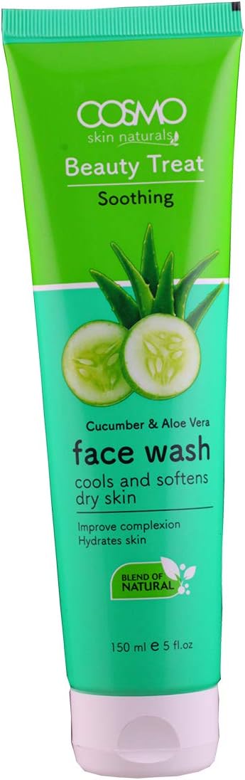 غسول الوجه بالخيار والصبار من كوزمو 150 مل، يهدئ وينعم البشرة الجافة، ويحسن البشرة ويرطبها