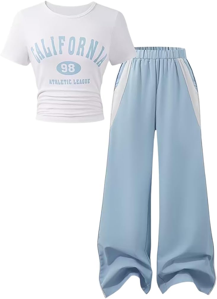 طقم ملابس صيفية للبنات مكون من قطعتين بأكمام قصيرة مطبوع عليه حروف + بنطال بأرجل واسعة مع جيوب من جولنر، مجموعة ملابس صيفية بمقاسات 8-15 سنة