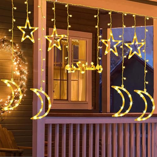 زينة رمضان من بوميفار، سلسلة اضواء جنية على شكل نجمة وقمر، اضواء رمضان كارين خارجية، 8 اوضاع اضاءة لتزيين العيد والمنزل