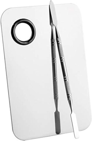 لوحة مزج مكياج احترافية من الستانلس ستيل مع ملعقة مسطحة، لوحة مزج مستحضرات التجميل الفضية 6 × 4 انش للفنانين، مثالية لفن الاظافر وظلال العيون ووصلات الرموش والصبغات