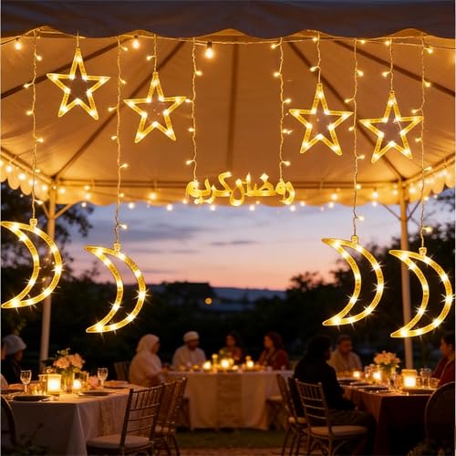 زينة رمضان من بوميفار، سلسلة اضواء جنية على شكل نجمة وقمر، اضواء رمضان كارين خارجية، 8 اوضاع اضاءة لتزيين العيد والمنزل