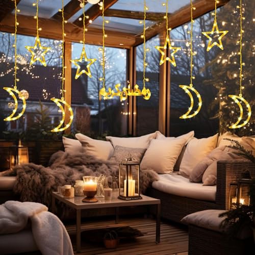 زينة رمضان من بوميفار، سلسلة اضواء جنية على شكل نجمة وقمر، اضواء رمضان كارين خارجية، 8 اوضاع اضاءة لتزيين العيد والمنزل