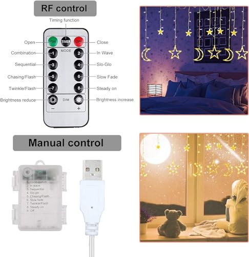 سلسلة أضواء رمضان للزينة للمنزل على شكل نجمة وقمر بـ 8 أوضاع مقاومة للماء مناسبة للنافذة والفناء الخلفي والحديقة والمنزل وديكور من بوميفار تصميم 1