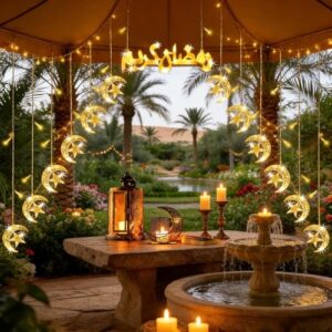 Ramadan Lights, Moon Star Ramadan Decorations Lights, 8 Modes Fairy Light Hanging Decorations for Home Bedroom Wall Balcony Window