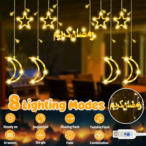 زينة رمضان من بوميفار، سلسلة اضواء جنية على شكل نجمة وقمر، اضواء رمضان كارين خارجية، 8 اوضاع اضاءة لتزيين العيد والمنزل