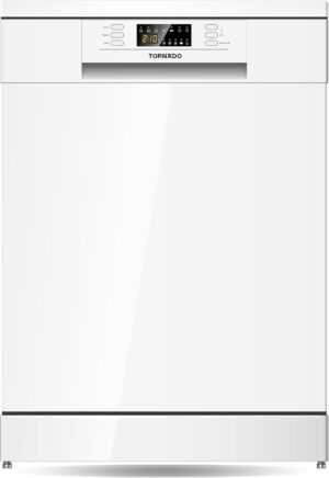 غسالة صحون قائمة بذاتها طراز TDG-JN1363-BSK، مزودة بـ 13 إعداد و6 برامج و2 رف، بتصنيف طاقة A++، تشغيل هادئ منخفض ضوضاء، برنامج صغير، نصف حمولة، حوض من الفولاذ المقاوم للصدأ من تورنيدو، لون فضي