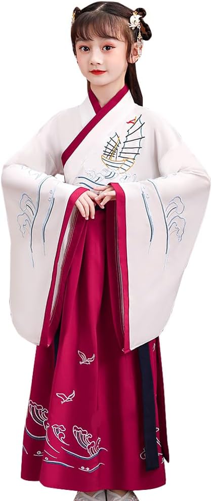 فستان هانفو الصيني التقليدي للبنات بأكمام واسعة وأنيقة، فستان طويل مربوط عند الخصر للأطفال لحفل افتتاح المدرسة والأداء الثقافي