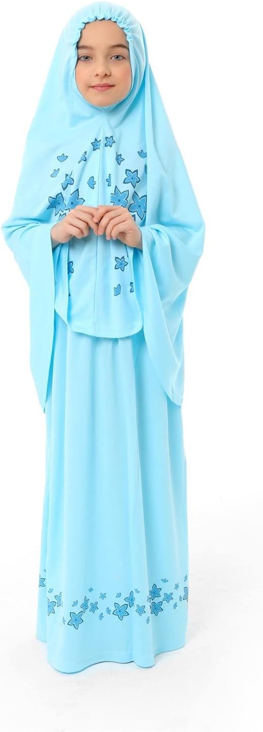 Girl's Prayer Dress with Star Printed Long Headscarf