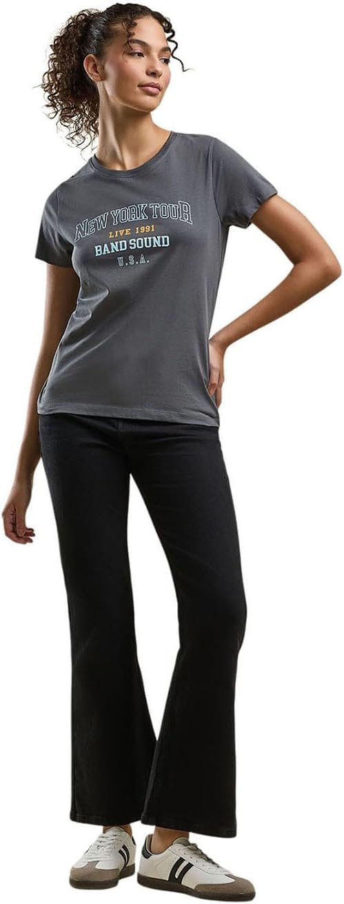 تي شيرت للنساء 425-0451WY021-1 مطبوع عليه رسومات ورقبة دائرية ضيقة واكمام قصيرة