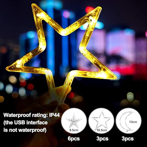 سلسلة أضواء رمضان للزينة للمنزل على شكل نجمة وقمر بـ 8 أوضاع مقاومة للماء مناسبة للنافذة والفناء الخلفي والحديقة والمنزل وديكور من بوميفار تصميم 1