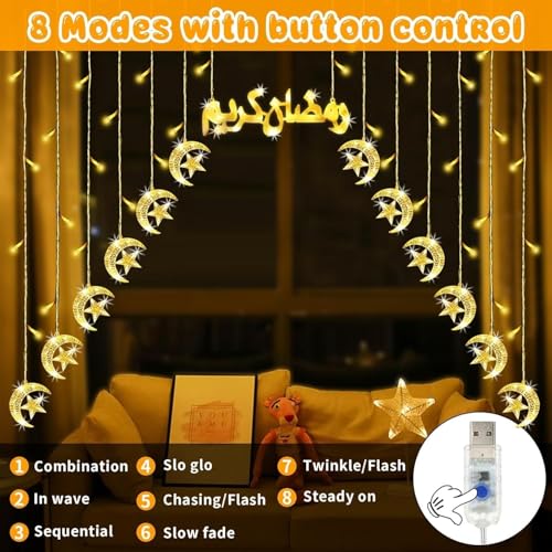 Ramadan Lights, Moon Star Ramadan Decorations Lights, 8 Modes Fairy Light Hanging Decorations for Home Bedroom Wall Balcony Window