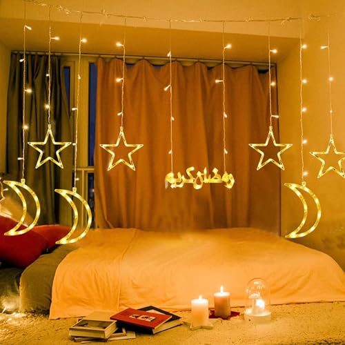 زينة رمضان من بوميفار، سلسلة اضواء جنية على شكل نجمة وقمر، اضواء رمضان كارين خارجية، 8 اوضاع اضاءة لتزيين العيد والمنزل