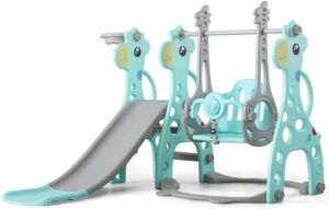 زحليقة علي شكل غزال مع مرجيحة , حلقة كرة سلة و موسيقى 4*1 ,155*140*105سم (أزرق)