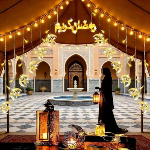 Ramadan Lights, Moon Star Ramadan Decorations Lights, 8 Modes Fairy Light Hanging Decorations for Home Bedroom Wall Balcony Window