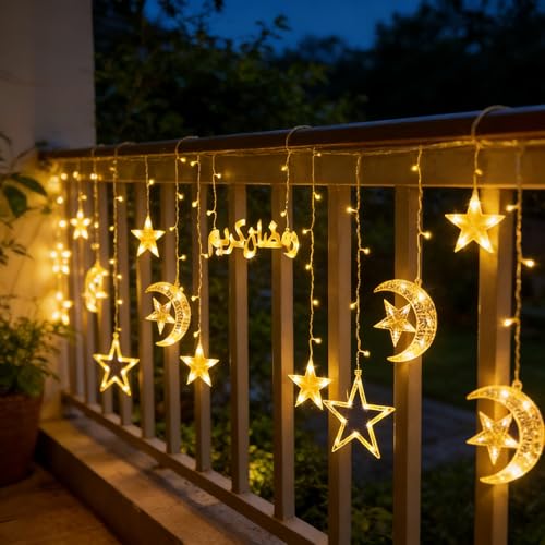 مصابيح رمضان من بوميفار، اضواء زينة رمضان على شكل قمر ونجمة لتزيين النوافذ بـ8 اوضاع اضاءة داخلية وخارجية بلون ابيض دافئ