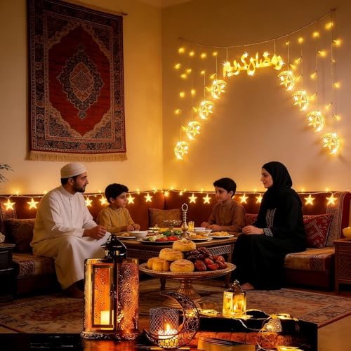 Ramadan Lights, Moon Star Ramadan Decorations Lights, 8 Modes Fairy Light Hanging Decorations for Home Bedroom Wall Balcony Window