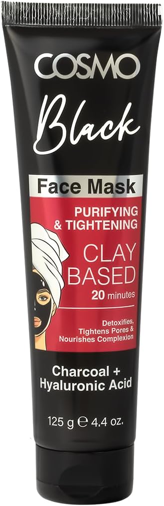 قناع وجه من الطين مضاد للتنقية والشد من كوزمو للعناية بالوجه، 125 غرام، اسود، يزيل السموم ويضيق المسام، يغذي بشرة الفحم + حمض الهيالورونيك، كل الأنواع