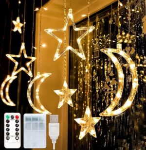 سلسلة أضواء رمضان للزينة للمنزل على شكل نجمة وقمر بـ 8 أوضاع مقاومة للماء مناسبة للنافذة والفناء الخلفي والحديقة والمنزل وديكور من بوميفار تصميم 1