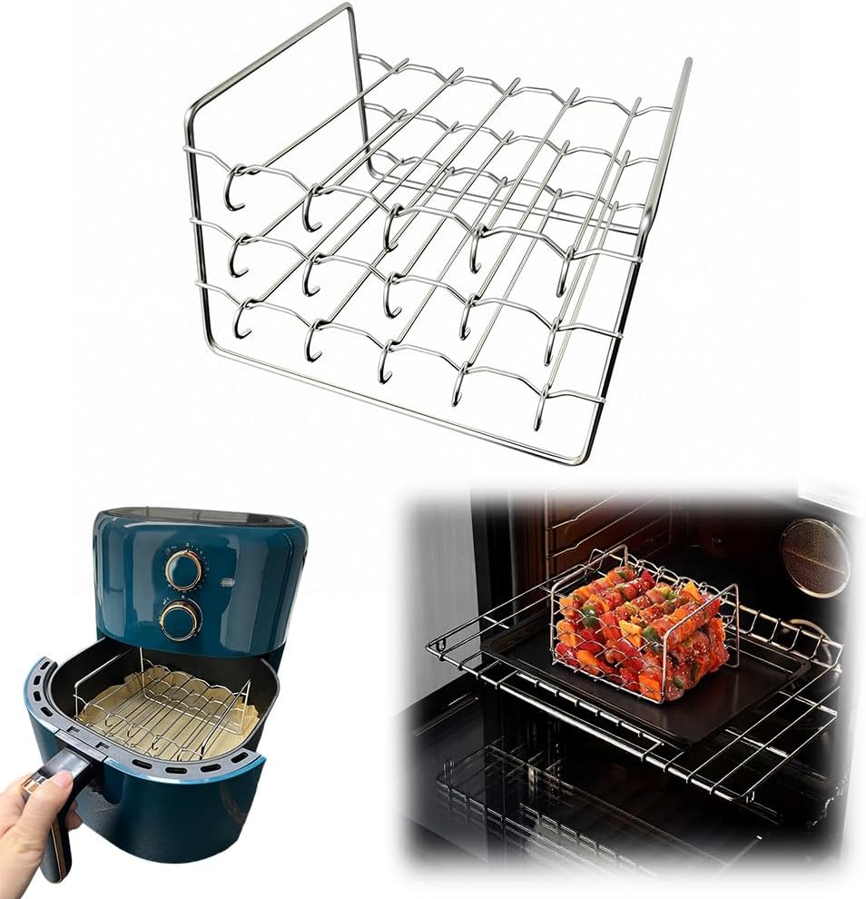 HASTHIP® 304 Stainless Steel Air Fryer Rack with 15 Skewers, 3 Tier Multi-Layer Grill Stand, Non-Stick Kabob Accessories for Ninja, Philips, COSORI, Instant Pot, Oven & Grill – Silver