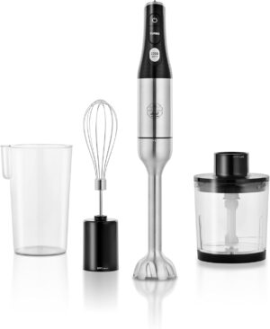 خلاط يدوي كهربائي 5 في 1 بقدرة 1200 واط بتصميم عصا من فولاذ مقاوم للصدأ مع محضر طعام وكوبين، وخفاقة وتحكم كامل في مهام المزج من السيف غاليري لون فضي / أسود E02434