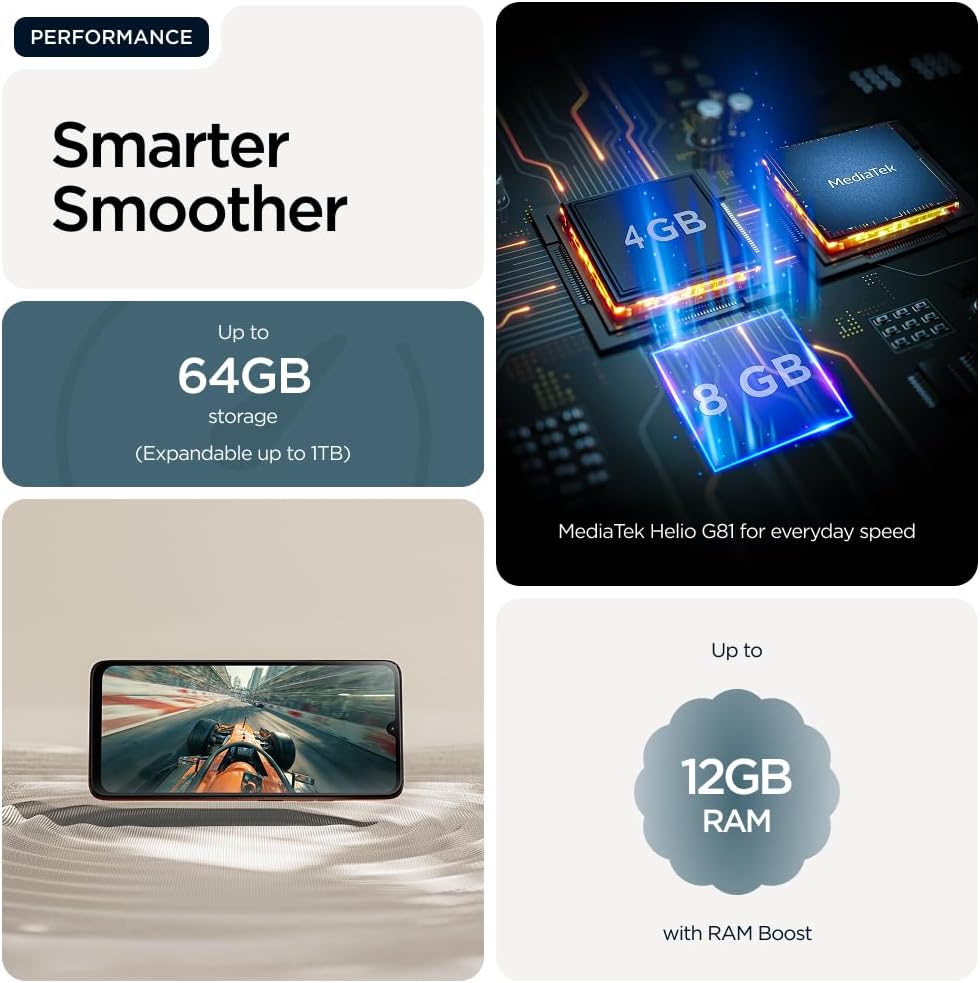 جوال موتورولا G06 4G، ذاكرة وصول عشوائية 4+8 جيجابايت، وذاكرة داخلية 128 جيجابايت، ومعالج ام تي كيه هيليو G81 اكستريم، وشاشة 6.88 بوصة فائقة الدقة 120 هرتز، نظام اندرويد 15، لون بانتون تابيستري 9 615CqUppPVL. AC SL1000