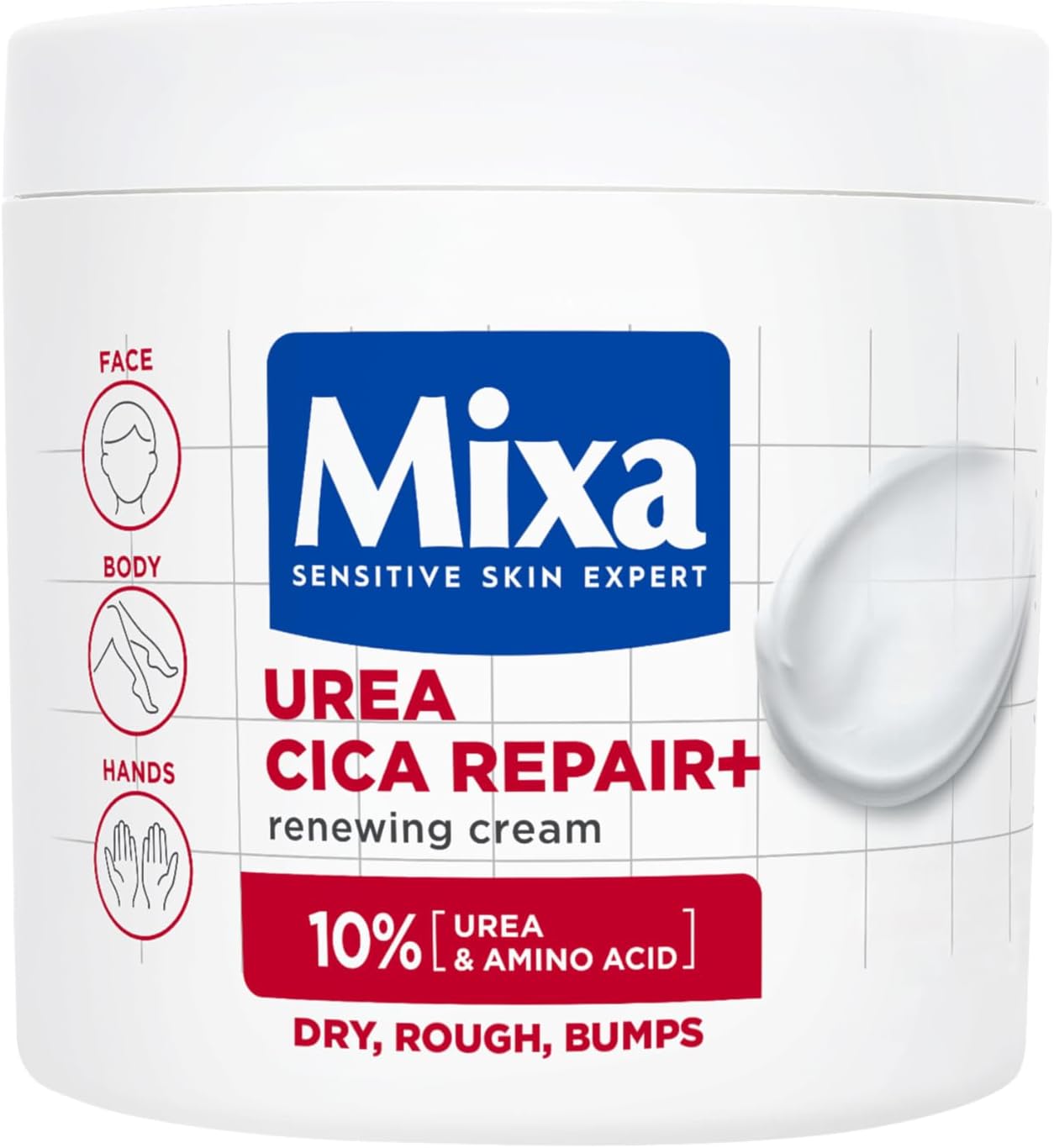 كريم يوريا سيكا ريبير ومجدد مرطب للجسم للبشرة الجافة والخشنة وكثيرة الحفر مع 10% من اليوريا والنياسيناميد بعطر مضاد للحساسية من ميكسا، 400 مل