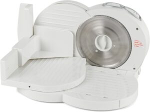 قطاعة لحوم مضغوطة من بروجريس موديل EK3683P، قطاعة طعام كهربائية بقدرة 150 وات مزودة بـ 3 سرعات وسمك قابل للتعديل من 1 الى 15 ملم، شفرة من الستانلس ستيل، وواقي للبهام، الة تقطيع للانشون والجبن والخبز