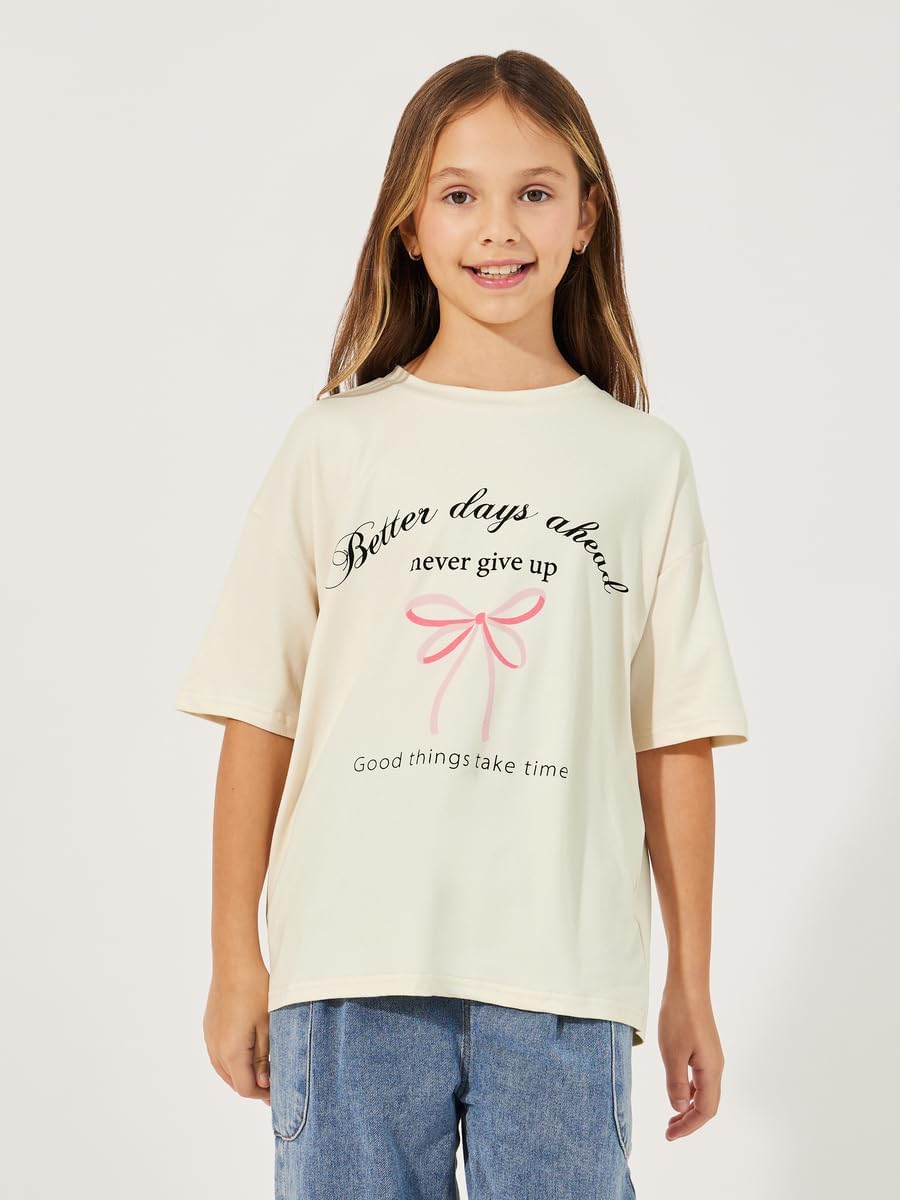 تيشرت برقبة دائرية مطبوع عليه شعار للبنات من ستايلي، مقاس كبير