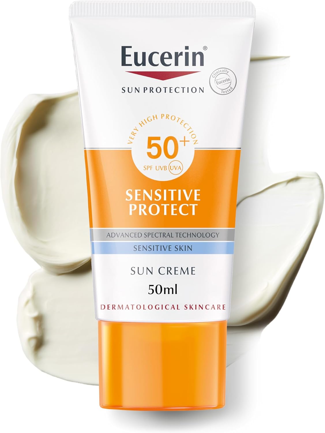 واقي من الشمس للبشرة الحساسة من يوسيرين، حماية من الاشعة فوق البنفسجية فئة A وB بعامل حماية من الشمس 50+، مقاوم للماء وخالي من العطور للبشرة الحساسة والجافة، مناسب للبشرة التاتوبية، 50 مل