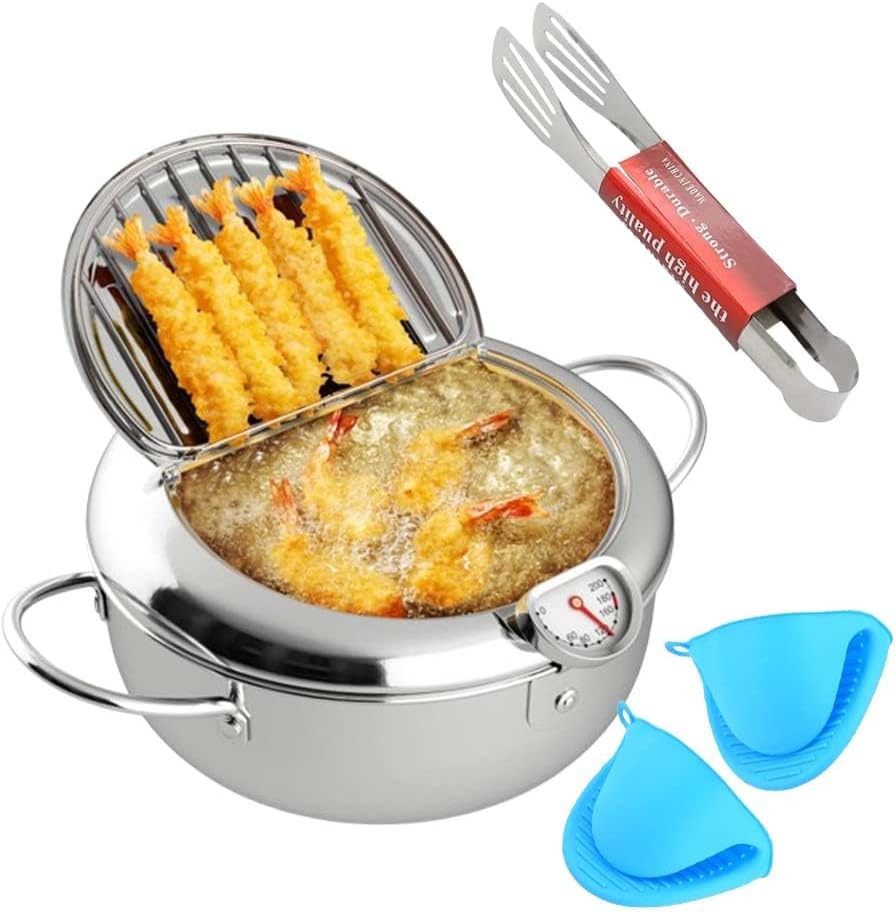 وعاء مقلاة عميقة 9.5 انش/3.2 لتر مع غطاء من الستانلس ستيل 304 مع تحكم في درجة الحرارة ورف تصريف الزيت للمطبخ والبطاطس المقلية والدجاج وغيرها من دورامي 123