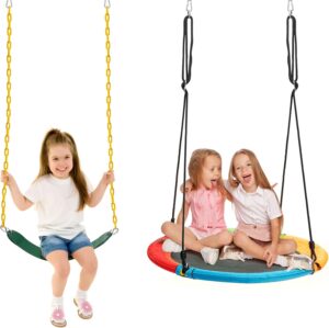 مجموعة من 2 ارجوحة للاطفال، ارجوحة بحزام ومقعد ارجوحة عش مع حبال تعليق قابلة للتعديل، طريقتان للتعليق، مجموعة ارجوحة سهلة التركيب للاطفال