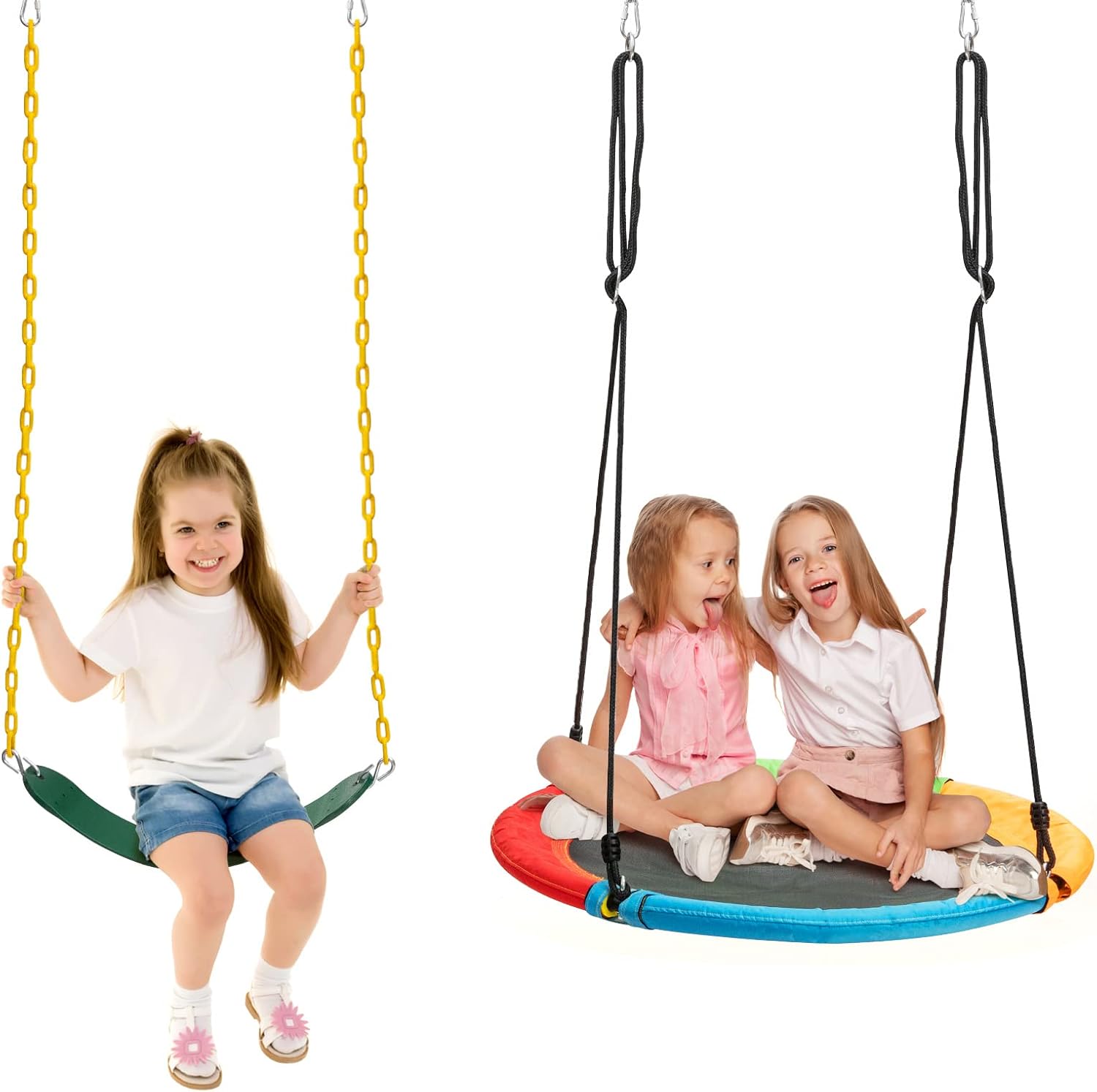 مجموعة من 2 ارجوحة للاطفال، ارجوحة بحزام ومقعد ارجوحة عش مع حبال تعليق قابلة للتعديل، طريقتان للتعليق، مجموعة ارجوحة سهلة التركيب للاطفال