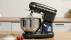 خلاط كهربائي قائم بقدرة 1300 واط مع وعاء من الستانلس ستيل سعة 5 لتر، تحكم بـ 6 سرعات مع وظيفة النبض، اسود، يتضمن مضرب وخفاقة عجين وخفاقة وواقي من الرذاذ