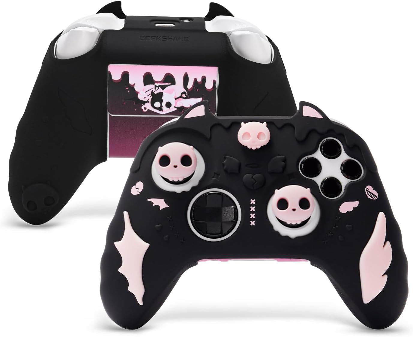 جييك شير غطاء ذراع تحكم من السيليكون بتصميم جمجمة بتصميم سويت هارت متوافق مع Xbox Series X/S - مضاد للانزلاق ومقاوم للعرق مع مقابض ابهام وملصقات - اسود وزهري