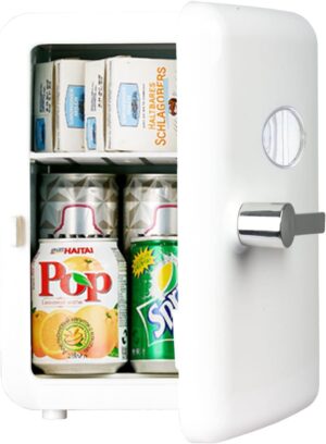 Mini Fridge, Portable Mini Fridge 6-Can Travel Compact Refrigerator, AC/DC Portable Thermoelectric Cooler and Warmer, for Food, Drinks, Skincare, Beauty & Breast Milk, Travel, and Car (Beige-F)