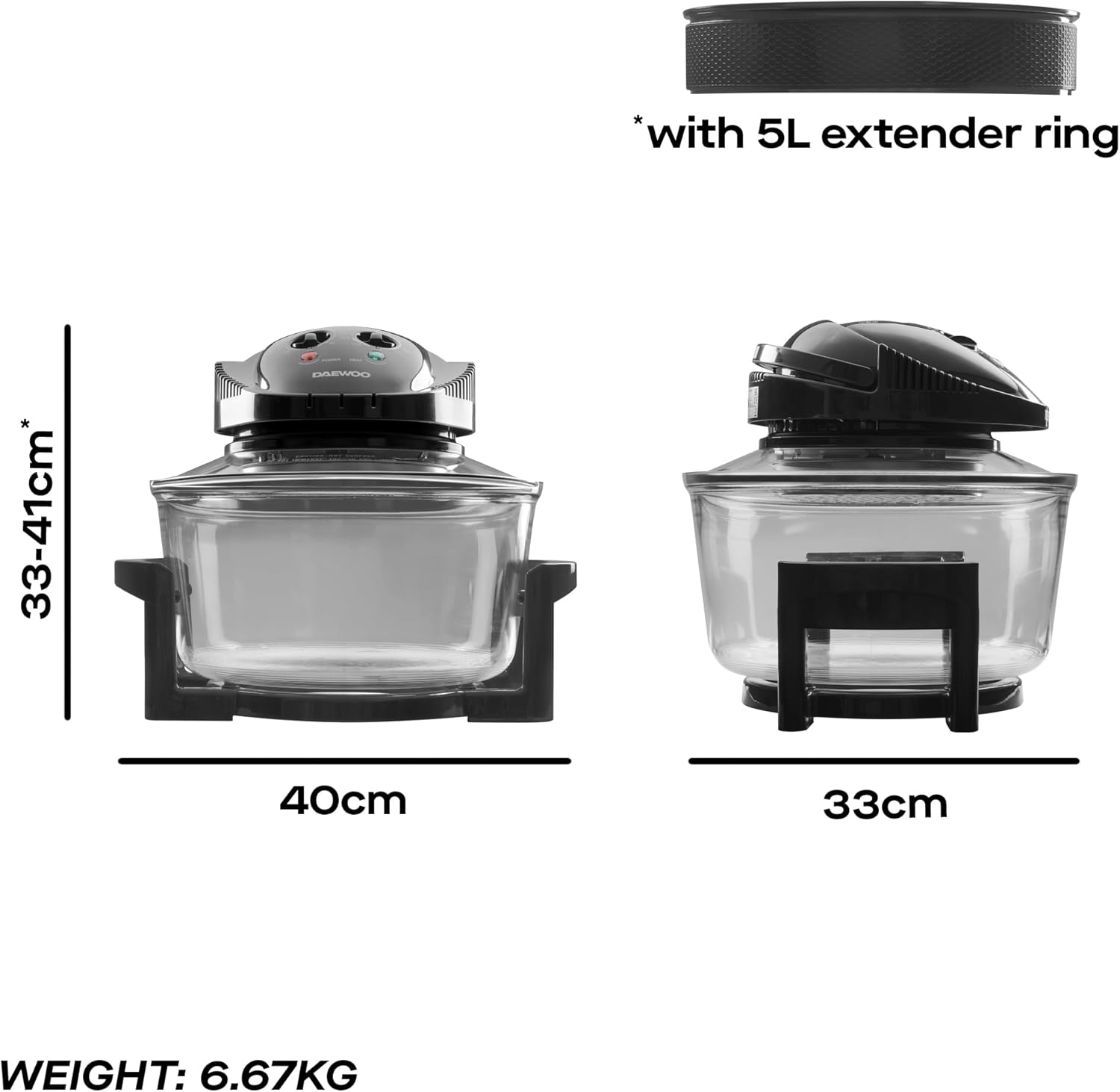 دايو مقلاة هوائية هالوجين 17 لتر مع حلقة تمديد، موديل 2025 - سعة عائلية كبيرة، تنظيف ذاتي، درجة حرارة ومؤقت قابلين للتعديل، تتضمن رفوف وسلال شبكية وملاقط وملحقات 14 61L9D2425WL. AC SL1500