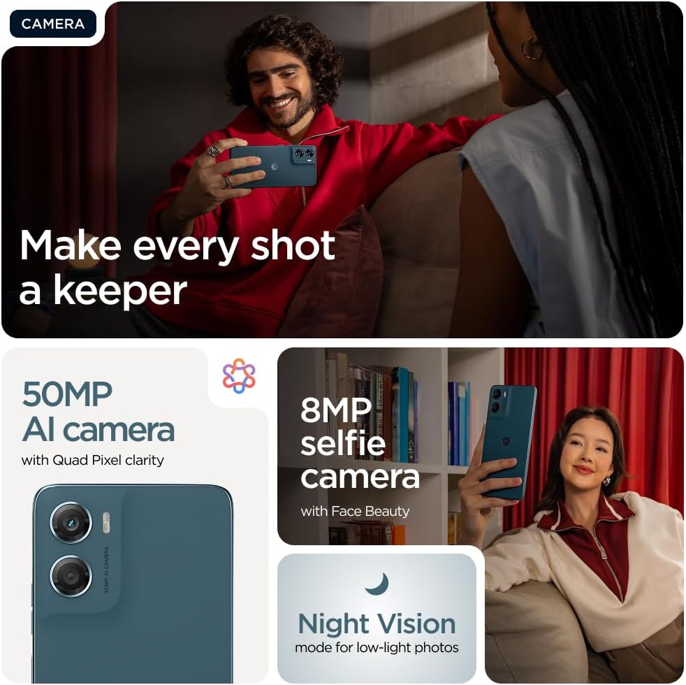 جوال موتورولا G06 4G، ذاكرة وصول عشوائية 4+8 جيجابايت، وذاكرة داخلية 128 جيجابايت، ومعالج ام تي كيه هيليو G81 اكستريم، وشاشة 6.88 بوصة فائقة الدقة 120 هرتز، نظام اندرويد 15، لون بانتون تابيستري 8 61MIOg20PhL. AC SL1000