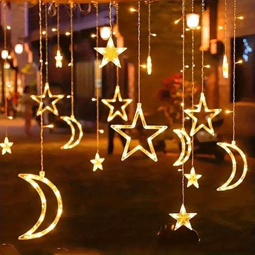 سلسلة أضواء رمضان للزينة للمنزل على شكل نجمة وقمر بـ 8 أوضاع مقاومة للماء مناسبة للنافذة والفناء الخلفي والحديقة والمنزل وديكور من بوميفار تصميم 1