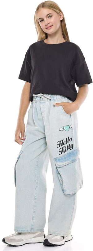 بنطلون جينز كارجو مطبوع عليه هالو كيتي مع رباط للاغلاق للبنات 325-0740CTG06-1