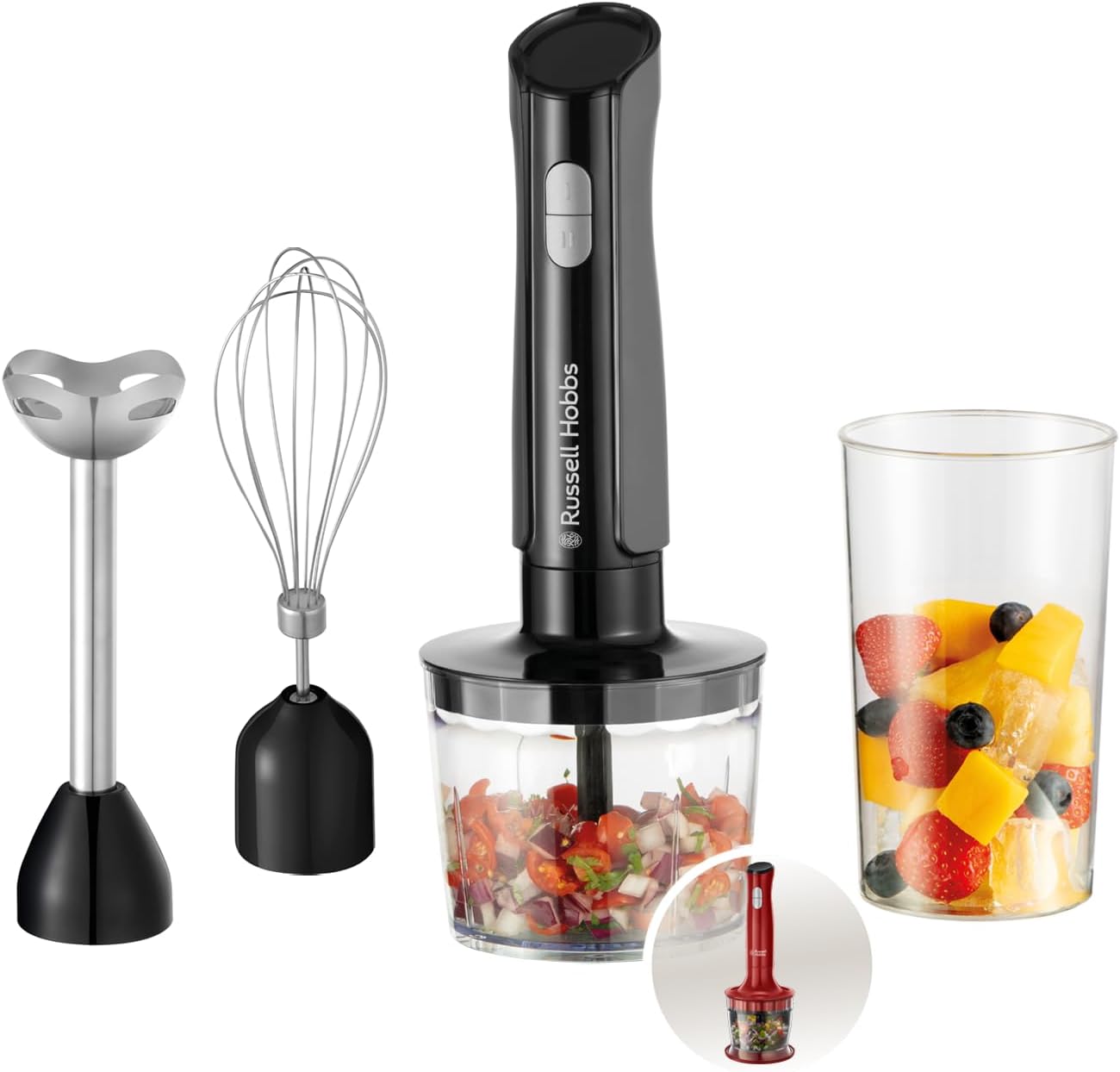 خلاط يدوي [3 في 1: خلاط / مفرمة / خفاقة] 27141-56، مثالي لأطعمة الأطفال والسموذي والهريس والحساء، بسرعتين + وظيفة النبض، شفرات من الفولاذ المقاوم للصدأ، خالي من مادة بيفسينول أ من راسل هوبز، لون رصاصي