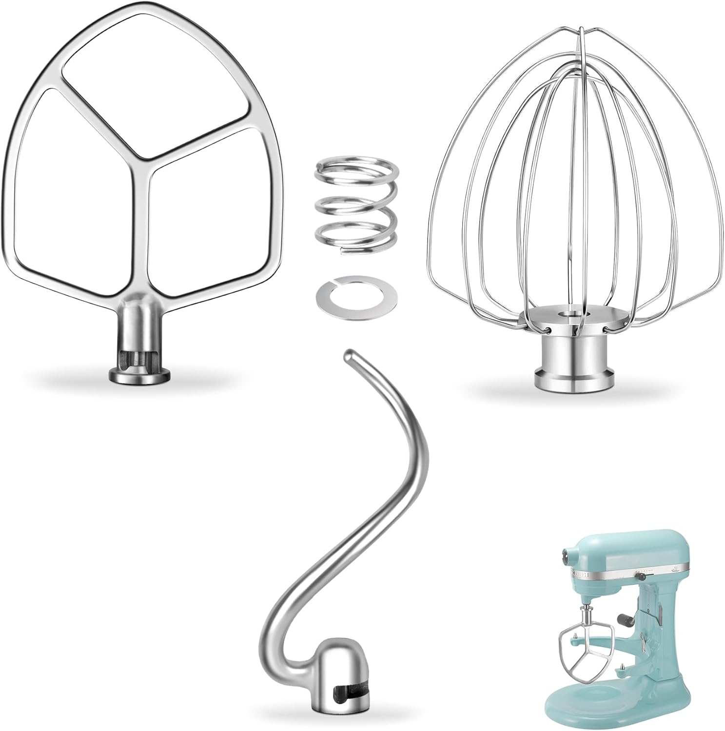 مجموعة ملحقات بديلة من الستانلس ستيل للمطبخ بسعة 6 كوارت، تتضمن مضرب مضرب مسطح و6 خفاقة سلكية وخطاف عجين يناسب KP26 وKL26 وKB26 وKSM60